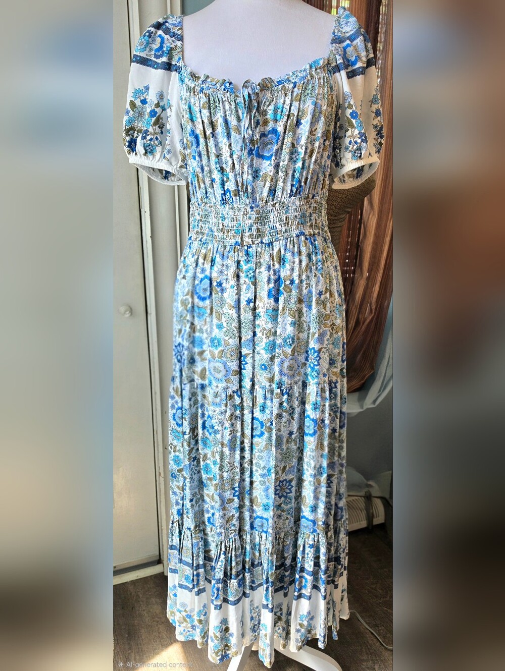 By The River Floral Maxi Dress Womens L Blue White Smocked Waist Puff Sleeves Bo